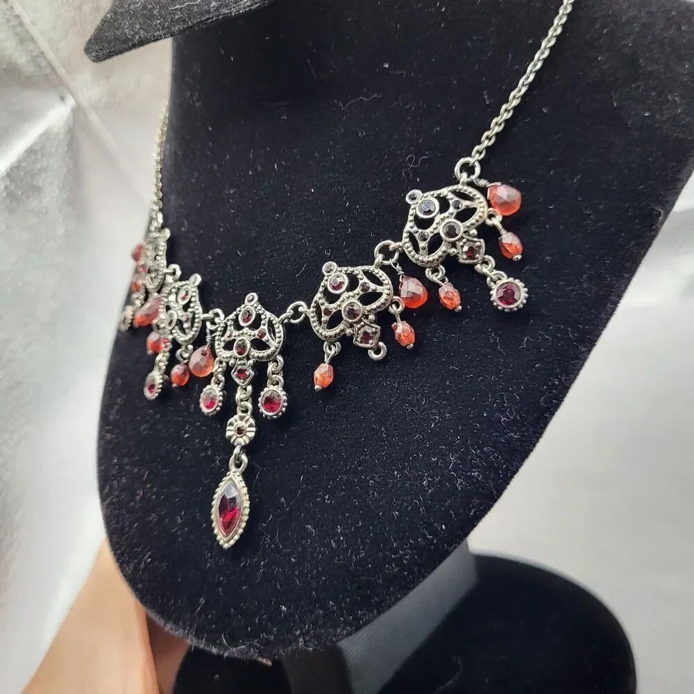 Dianty Red Gothic Edwardian Style Necklace Signed "V" Gunmetal